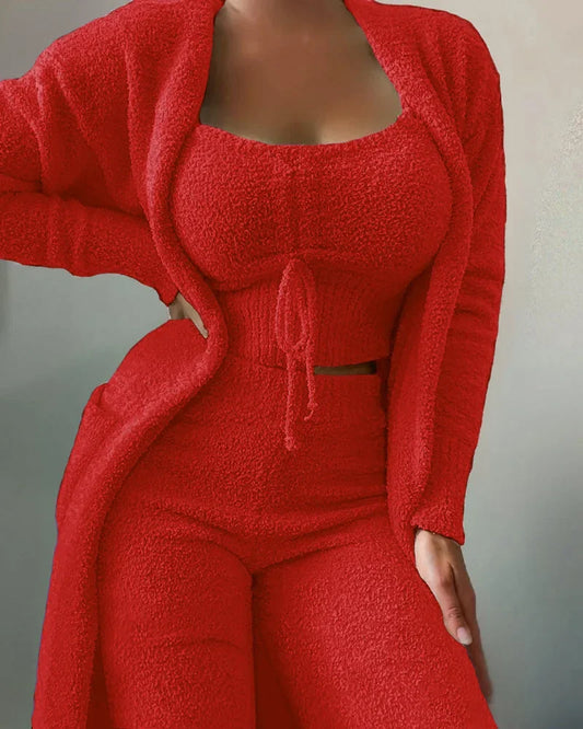2022 Autumn/Winter Women's Velvet Pajama Set: Crop Top, Long Pants, and Coat - 3-Piece Warm Fleece Homewear in Sizes S-3XL