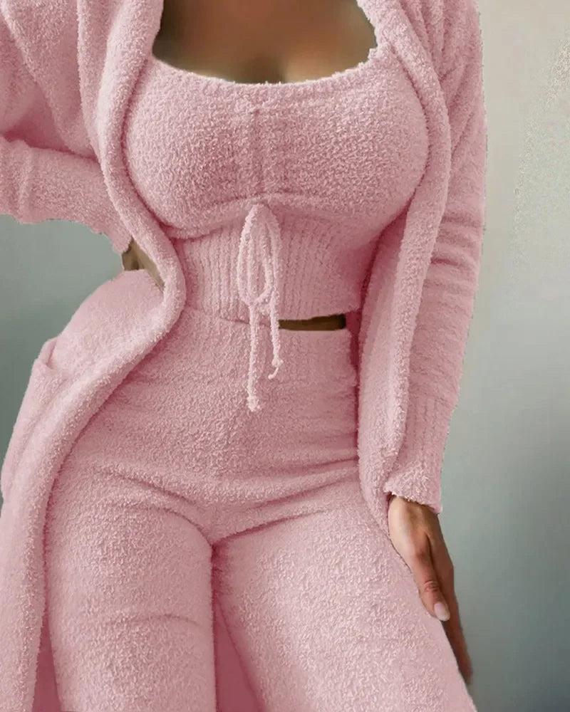 2022 Autumn/Winter Women's Velvet Pajama Set: Crop Top, Long Pants, and Coat - 3-Piece Warm Fleece Homewear in Sizes S-3XL