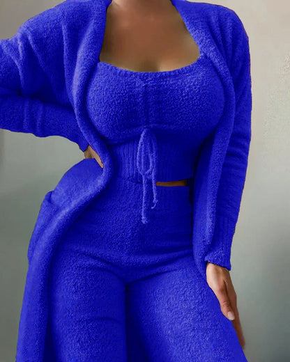 2022 Autumn/Winter Women's Velvet Pajama Set: Crop Top, Long Pants, and Coat - 3-Piece Warm Fleece Homewear in Sizes S-3XL