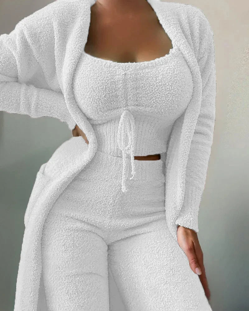 2022 Autumn/Winter Women's Velvet Pajama Set: Crop Top, Long Pants, and Coat - 3-Piece Warm Fleece Homewear in Sizes S-3XL