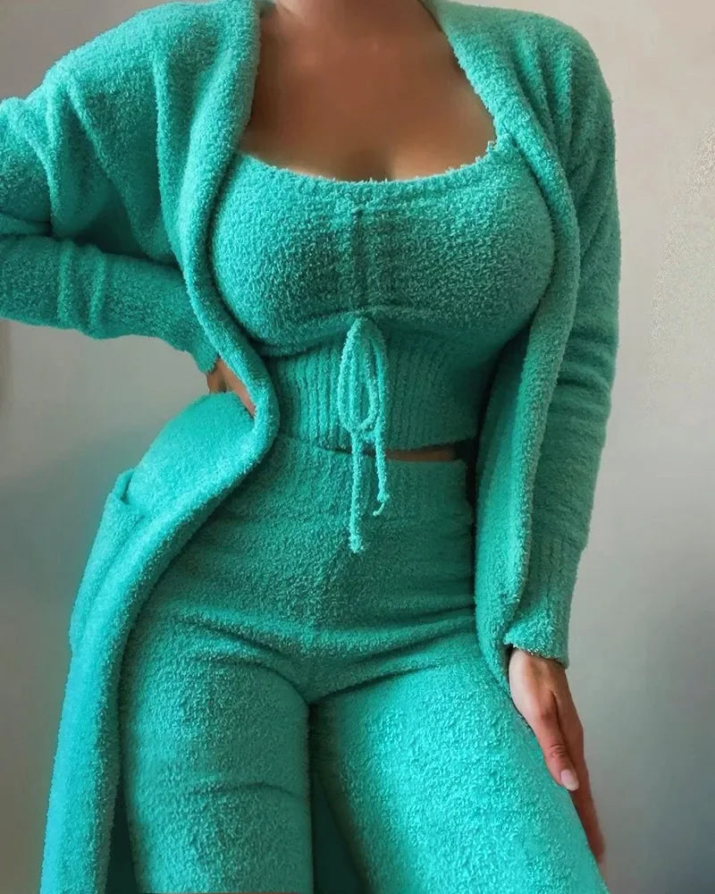 2022 Autumn/Winter Women's Velvet Pajama Set: Crop Top, Long Pants, and Coat - 3-Piece Warm Fleece Homewear in Sizes S-3XL