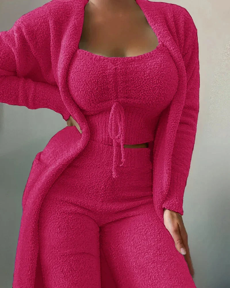 2022 Autumn/Winter Women's Velvet Pajama Set: Crop Top, Long Pants, and Coat - 3-Piece Warm Fleece Homewear in Sizes S-3XL